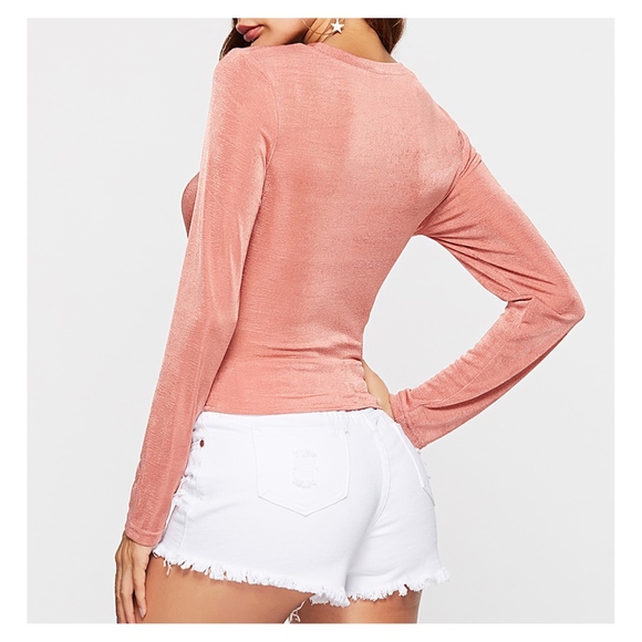 Pink Long Sleeve Front Twist Crop Top Blouse - Picture 2 of 5